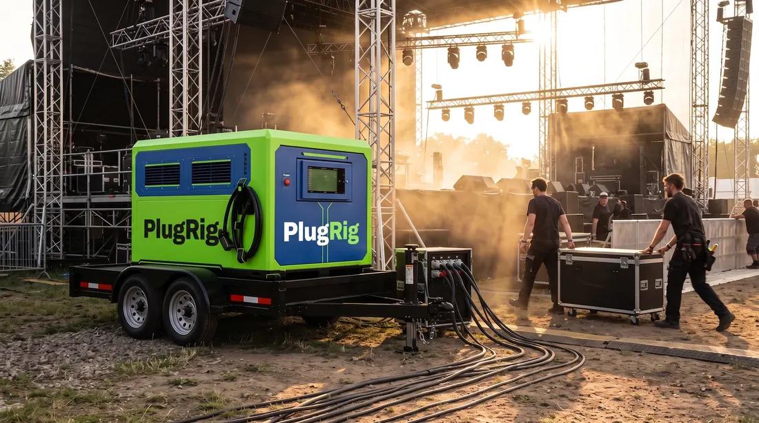 The unit feeding cable to a festival stage at golden hour