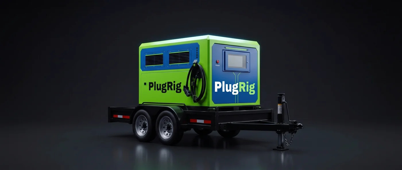 The PlugRig trailer-mounted battery unit, green and blue, on a black tandem-axle trailer